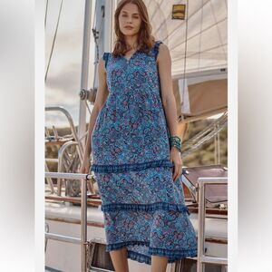 J. Jill Women's Coastal Ruffled Midi Dress Royal Blue Paisley Print Sz Small P